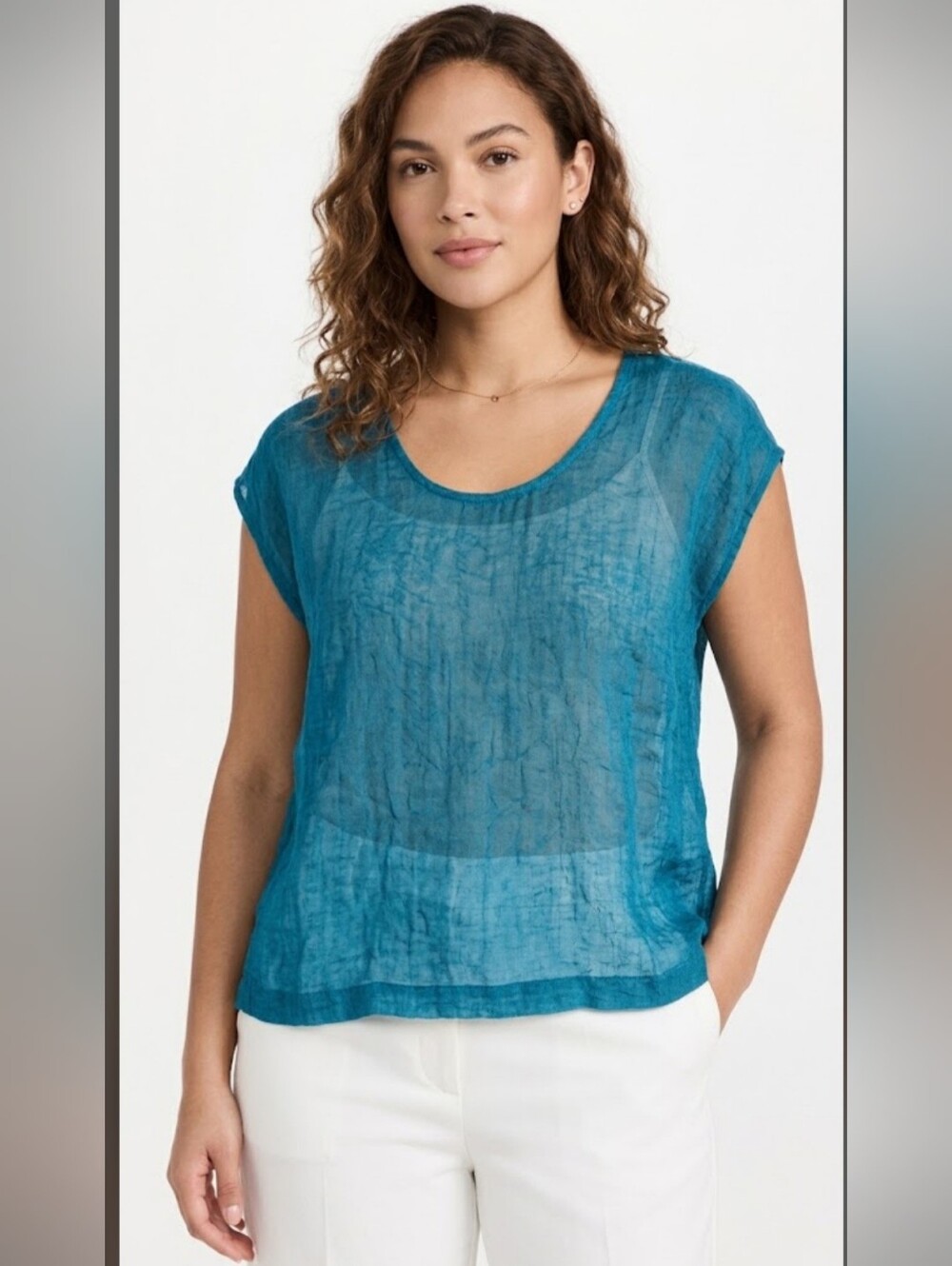 Eileen Fisher Teal Crinkled Sheer Short Sleeve Top,  Size M.